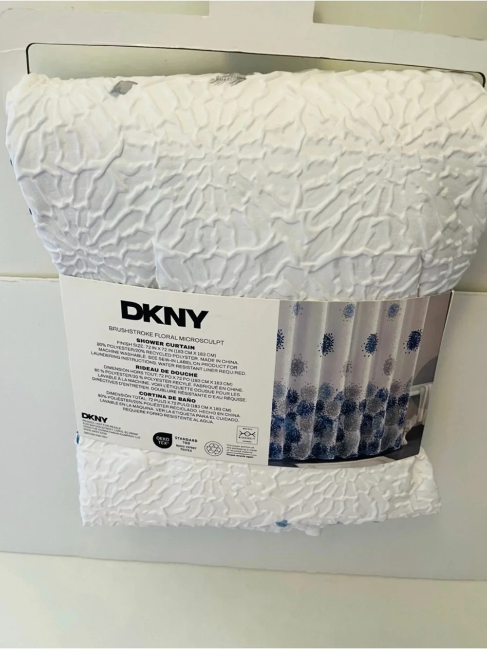 DKNY Brushstroke Floral Microsculpt Shower Curtain White Blue Gray 72” x 72”